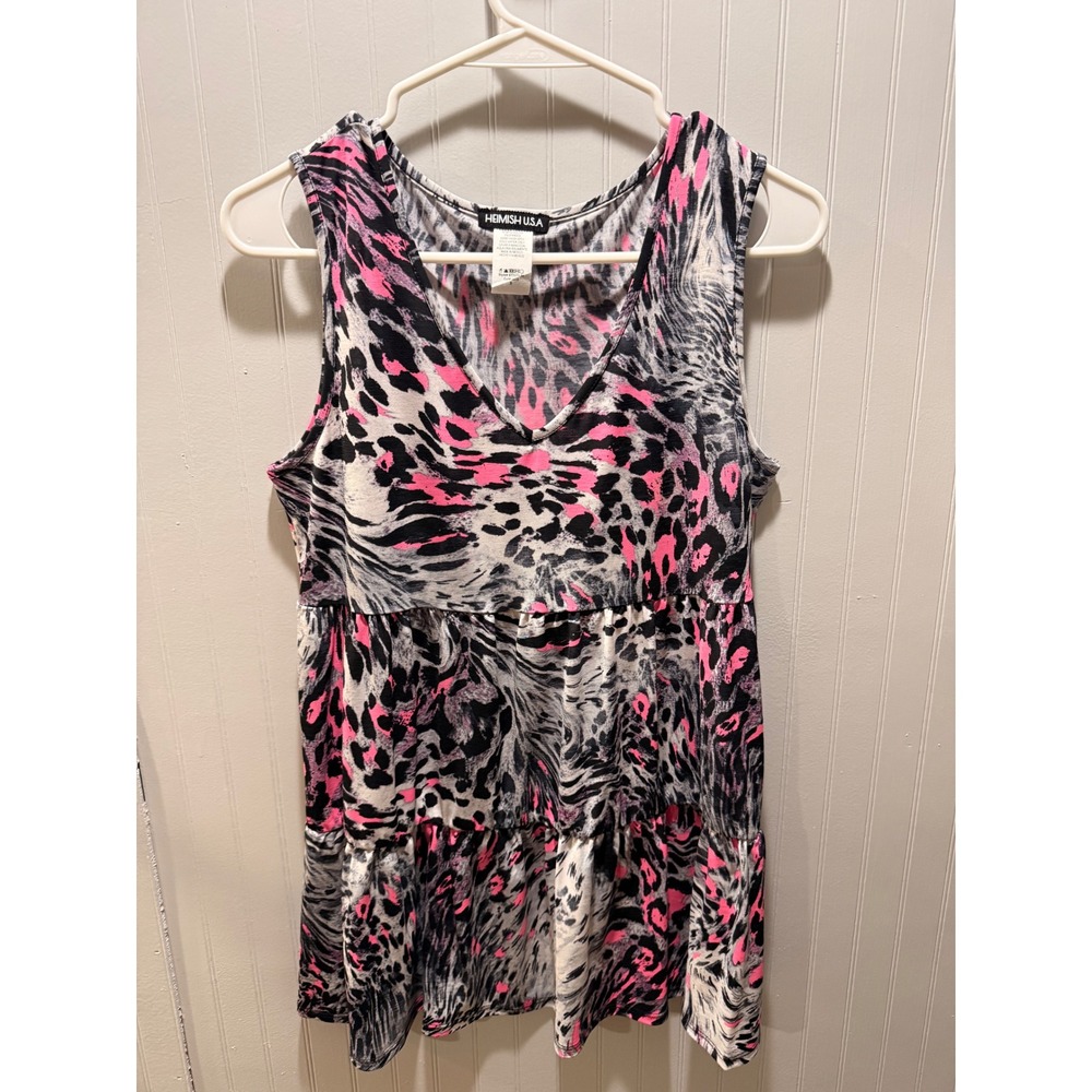 Heimish USA Womens Pink Black Leopard Animal Print Tiered Babydoll Tunic‎ Top S